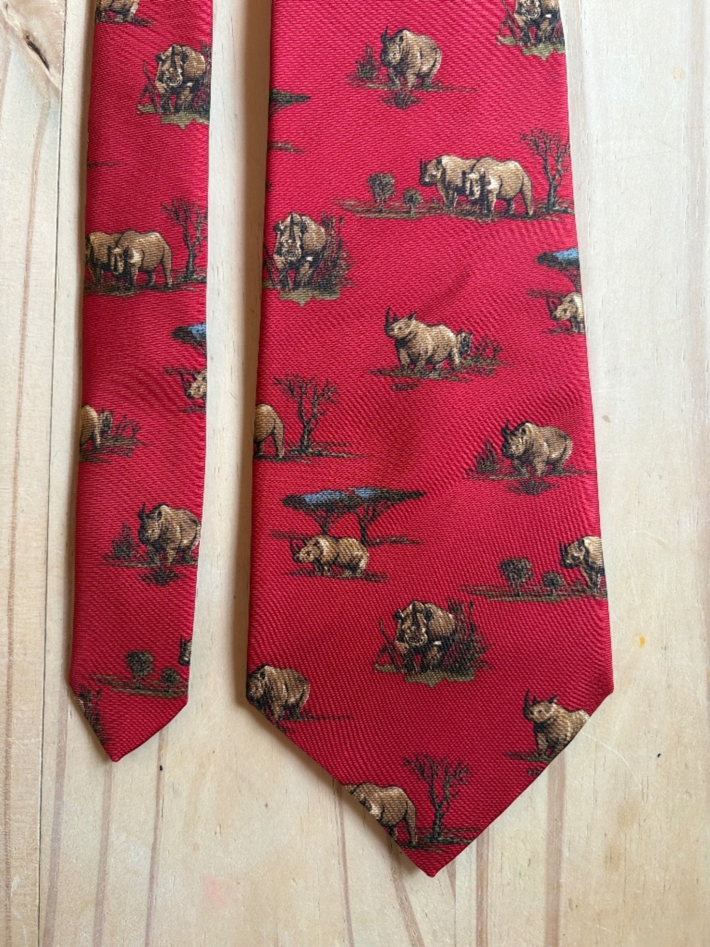 Vintage John Comfort London 100% Silk Red Rhinoceros Safari Novelty Tie